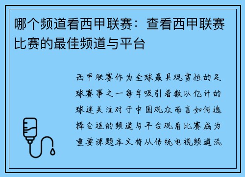 哪个频道看西甲联赛：查看西甲联赛比赛的最佳频道与平台